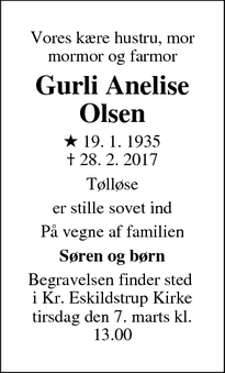 Dødsannoncen for Gurli Anelise Olsen - Tølløse 