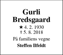 Dødsannoncen for Gurli Bredsgaard - Ringsted