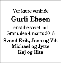 Dødsannoncen for Gurli Ebsen - Gram