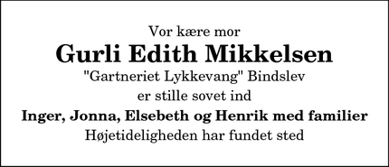 Dødsannoncen for Gurli Edith Mikkelsen - Bindslev