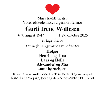 Dødsannoncen for Gurli Irene Wollesen - Tønder