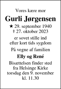 Dødsannoncen for Gurli Jørgensen - Allerød