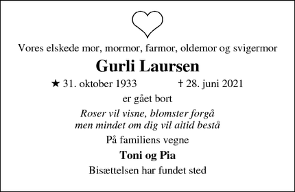 Dødsannoncen for Gurli Laursen - Hillerød