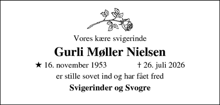 Dødsannoncen for Gurli M&oslash;ller Nielsen - Ansager/Grindsted 