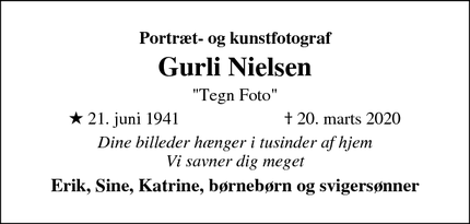 Dødsannoncen for Gurli Nielsen - Tårup Strand