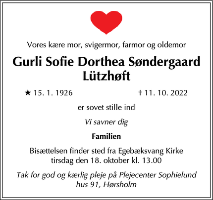 Dødsannoncen for Gurli Sofie Dorthea Søndergaard
Lützhøft - Espergærde