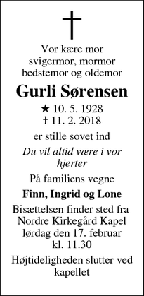 Dødsannoncen for Gurli Sørensen - Randers