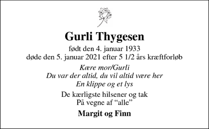 Dødsannoncen for Gurli Thygesen - Frederiksberg