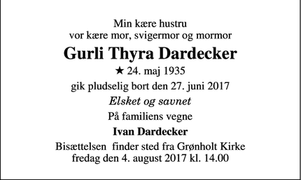 Dødsannoncen for Gurli Thyra Dardecker - Fredensborg