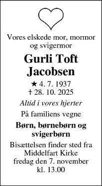 Dødsannoncen for Gurli Toft
Jacobsen - Middelfart