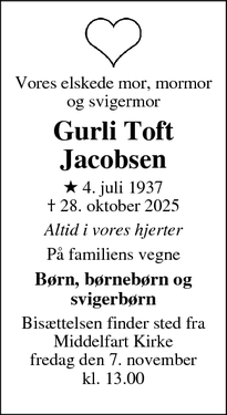 Dødsannoncen for Gurli Toft
Jacobsen - Middelfart