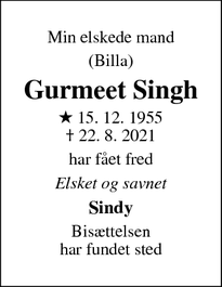 Dødsannoncen for Gurmeet Singh - Hvalsø