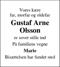Dødsannoncen for Gustaf Arne
Olsson - Odense