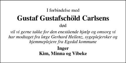 Taksigelsen for Gustaf Gustafschöld Carlsens - Ølstykke
