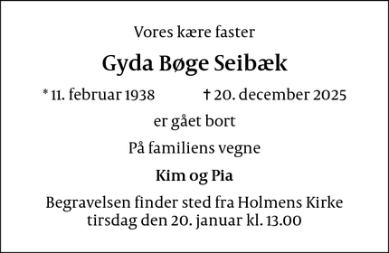 Dødsannoncen for Gyda B&oslash;ge Seib&aelig;k - København K