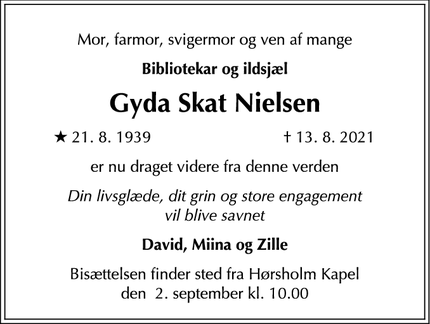 Dødsannoncen for Gyda Skat Nielsen - Hørsholm