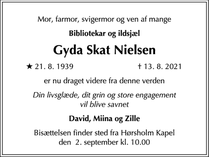 Dødsannoncen for Gyda Skat Nielsen - Hørsholm