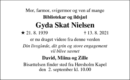 Dødsannoncen for Gyda Skat Nielsen - Hørsholm