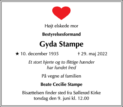 Dødsannoncen for Gyda Stampe - Kongens Lyngby