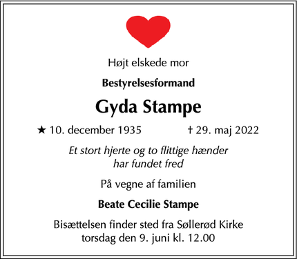 Dødsannoncen for Gyda Stampe - Kongens Lyngby