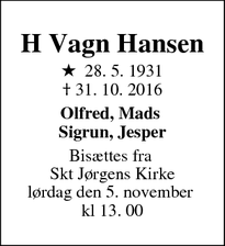 Dødsannoncen for H Vagn Hansen - Aabenraa