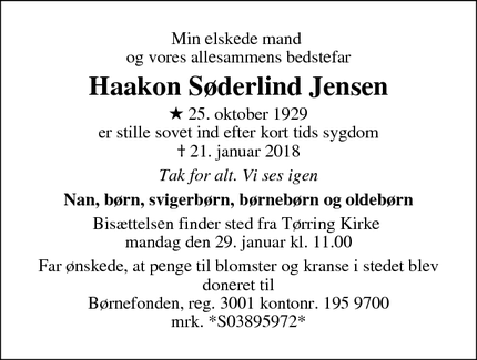 Dødsannoncen for Haakon Søderlind Jensen - Tørring