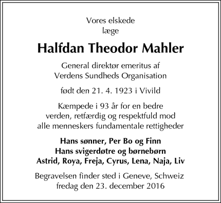 Dødsannoncen for Halfdan Theodor Mahler - VERSOIX