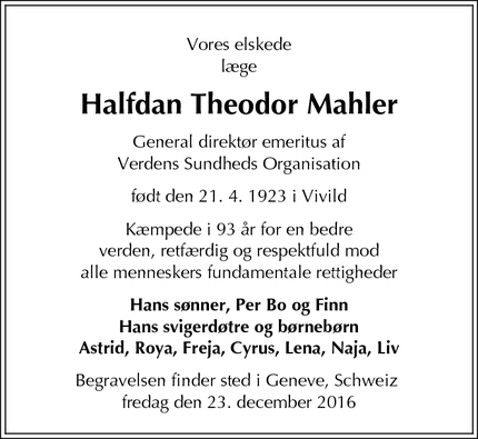 Dødsannoncen for Halfdan Theodor Mahler - VERSOIX