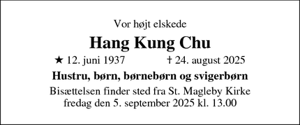 Dødsannoncen for Hang Kung Chu - Dragør