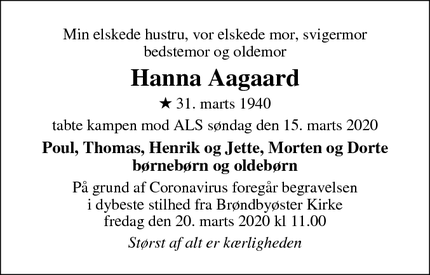 Dødsannoncen for Hanna Aagaard - Brøndbyøster