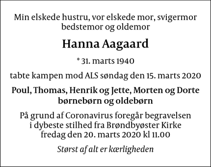 Dødsannoncen for Hanna Aagaard - Brøndbyøster