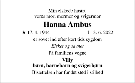 Dødsannoncen for Hanna Ambus - Blistrup