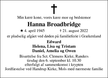 Dødsannoncen for Hanna Broadbridge - Randers