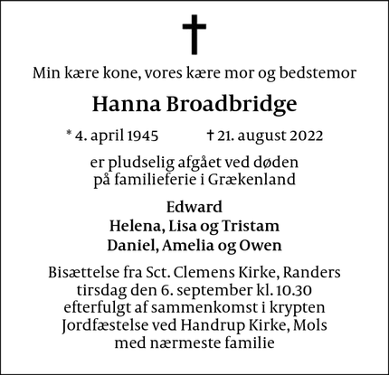 Dødsannoncen for Hanna Broadbridge - Randers