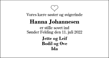 Dødsannoncen for Hanna Johannesen - Søndre Felding