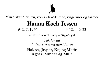 Dødsannoncen for Hanna Koch Jessen - Ebeltoft
