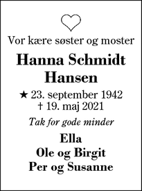 Dødsannoncen for Hanna Schmidt Hansen - Lind