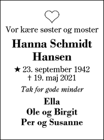Dødsannoncen for Hanna Schmidt Hansen - Lind