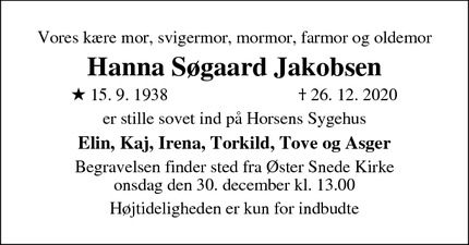 Dødsannoncen for Hanna Søgaard Jakobsen - Øster Snede 