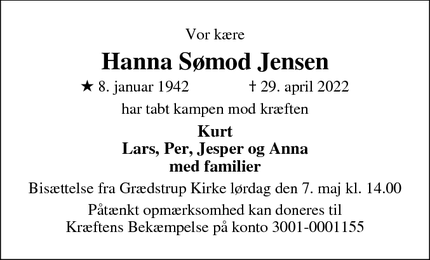 Dødsannoncen for Hanna Sømod Jensen - Brædstrup