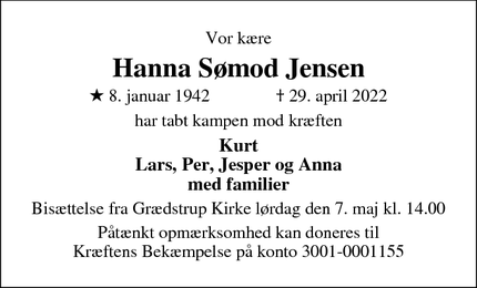 Dødsannoncen for Hanna Sømod Jensen - Brædstrup