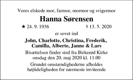 Dødsannoncen for Hanna Sørensen - Birkerød