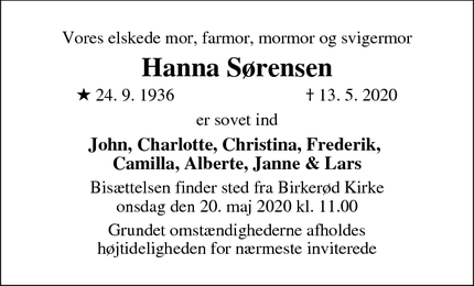 Dødsannoncen for Hanna Sørensen - Birkerød