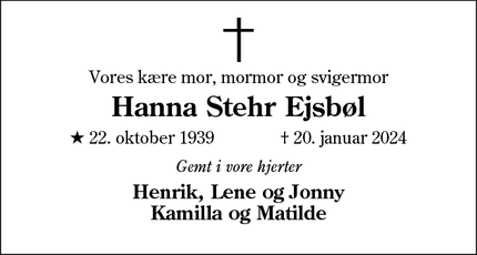 Dødsannoncen for Hanna Stehr Ejsbøl - Esbjerg