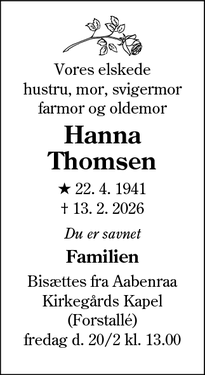 Dødsannoncen for Hanna Thomsen - Fredericia