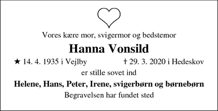Dødsannoncen for Hanna Vonsild - Hedeskov, 8410 Rønde