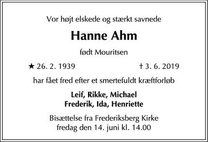 Dødsannoncen for Hanne Ahm - Gentofte
