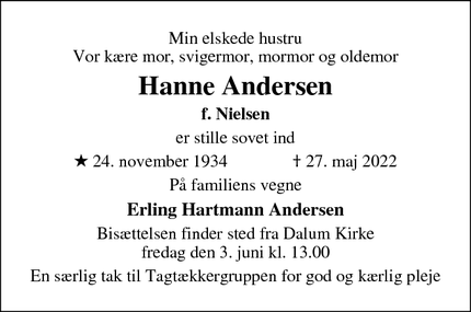 Dødsannoncen for Hanne Andersen - Odense Hjallese