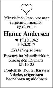 Dødsannoncen for Hanne Andersen - Vejle