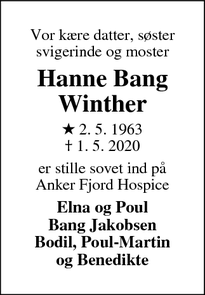 Dødsannoncen for Hanne Bang Winther  - Snejbjerg